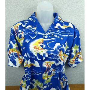 Vintage URIT Hawaiian Womens Shirt Top Large Hawaii Tropical Blue‎